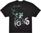 No Purpose Tee Schwarz, Rückseite mit Motorrad und Schmetterling im Rauch