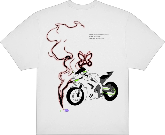 No Purpose Tee Weiß, Rückseite mit Motorrad und Schmetterling im Rauch